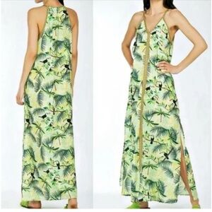 America & Beyond Tropical Green Maxi Dress with Birds Sz L